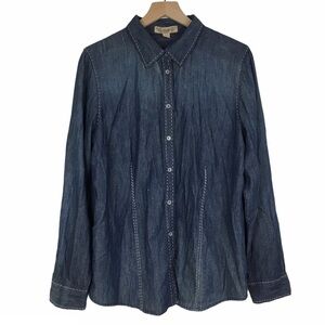 NINE WEST Chambray Shirt Button Up Long Sleeve Minimalist 100% Cotton Size Large